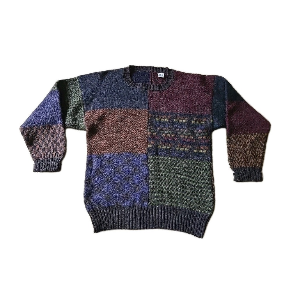 VTG 90s Brown Burgundy Green Blue Color Block Wool Crew Neck Pullover Sweater M